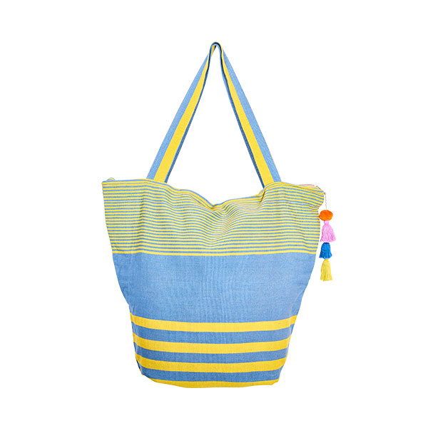 Cotton bag beach bag pompom yellow and blue